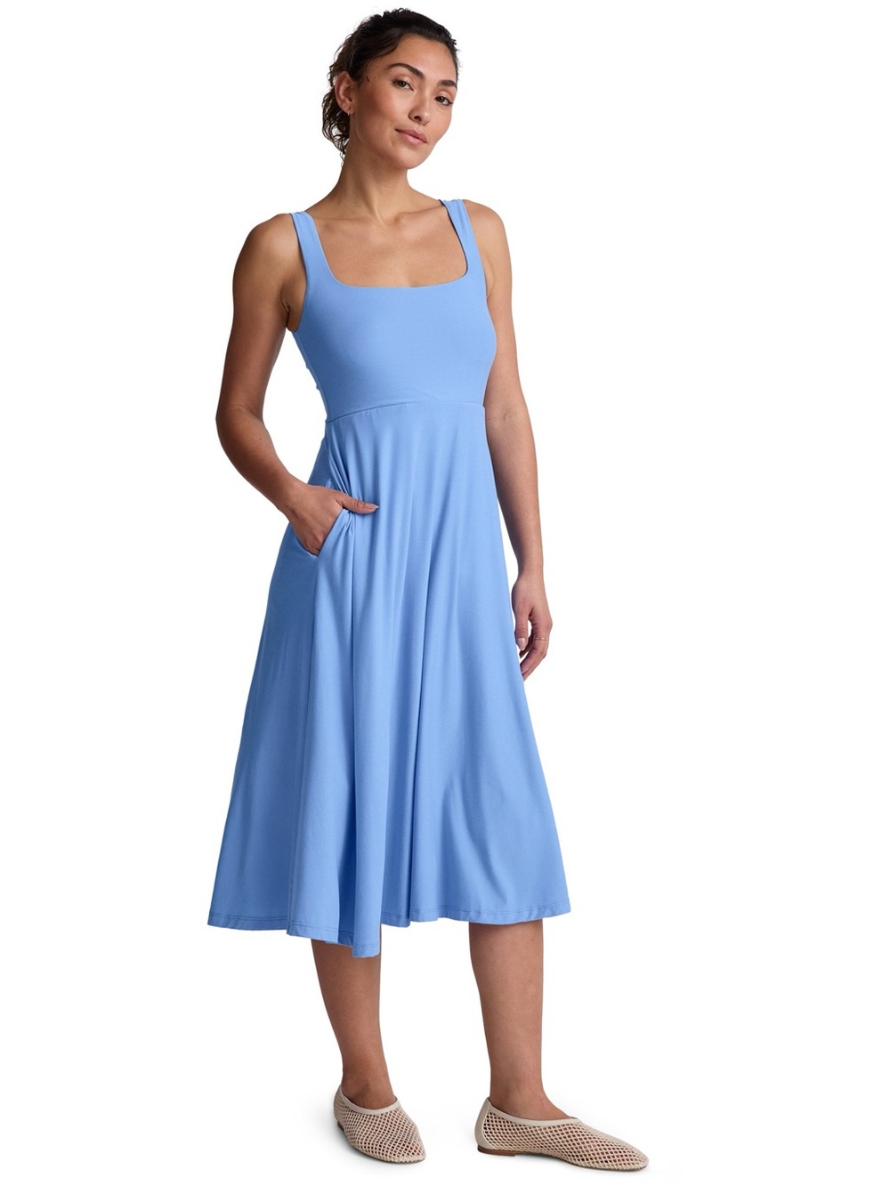 Beyond Yoga Sky Blue Sleeveless Square-Neck Midi Dress
